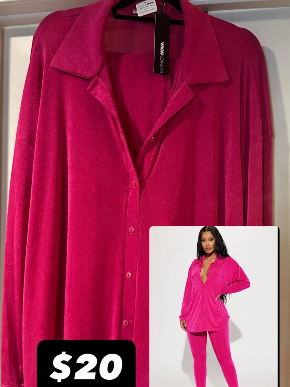 Fashion Nova Hot Pink Velour Button-Up Lounge Shirt
